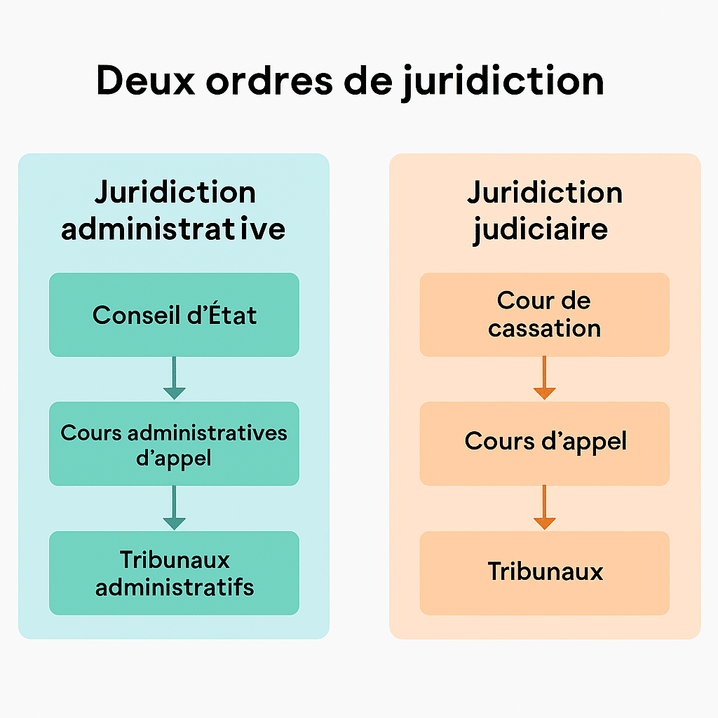 Les deux ordres de juridiction en France Schéma des deux ordres de juridiction en France. À gauche, l’ordre administratif en bleu avec le Conseil d’État, les cours administratives d’appel et les tribunaux administratifs. À droite, l’ordre judiciaire en orange avec la Cour de cassation, les cours d’appel et les tribunaux.