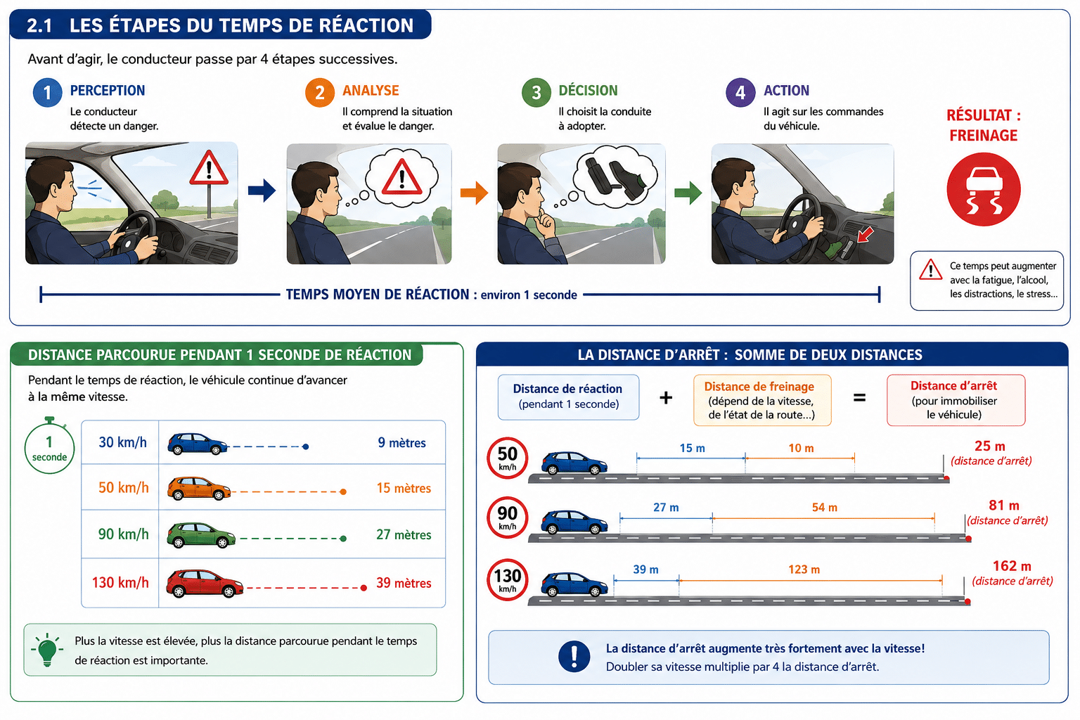 Schéma du temps de réaction en conduite : perception, analyse, décision, action et distance d’arrêt selon la vitesse